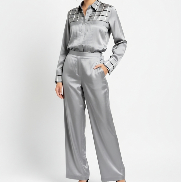 J.S THAILAND Jackets & Blazers - J.S. Thai 100% Silk Womens 2-Piece Set Handmade Plaid Shirt & Pants Silver Sz P